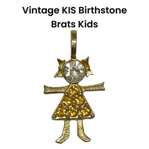 Vintage KIS Birthstone Brats Kids Yellow Rhinestones Gold Tone Metal CHARM